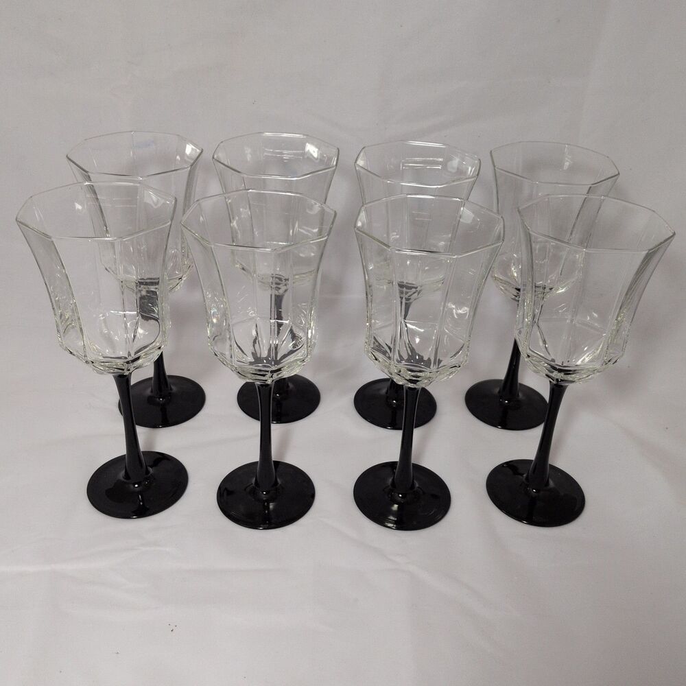 Vintage 1980s Arcoroc Luminarc Octime Black Stem Water Goblets - Set of 8